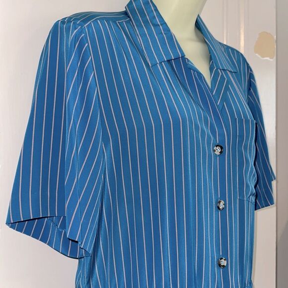 Vtg 80s Liz Claiborne Turquoise with Red & White Pinstripes Short Sleeve Dress - Picture 6 of 9